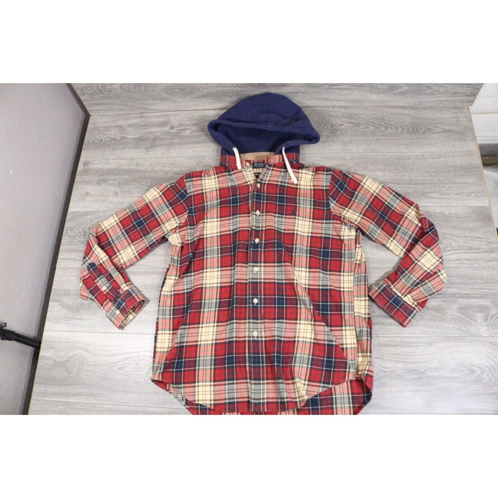 Rare VTG POLO RALPH LAUREN Heritage Brand Plaid Hoodie Flannel Shirt Large